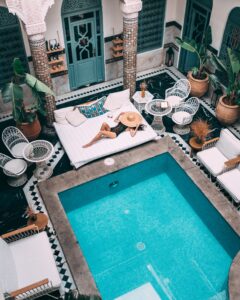 Woman relaxes at home at indoor pool